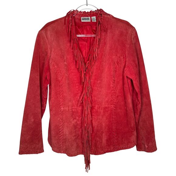 Y2K Western Boho Chico’s Design Red Suede Fringe Leather Jacket Size 2 (M/L) - Picture 2 of 16